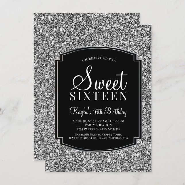 Silver and Black Glitter Sweet 16 Invitations (Front/Back)