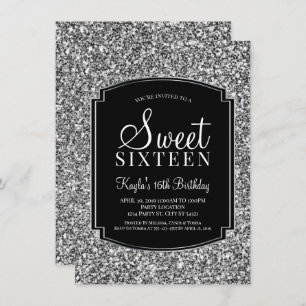 Silver and Black Glitter Sweet 16 Invitations