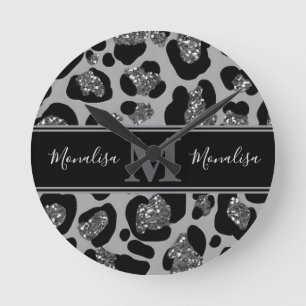 silver and black glittery monogramed personalised round clock