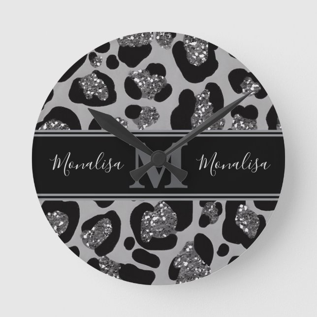 silver and black glittery monogramed personalised round clock (Front)