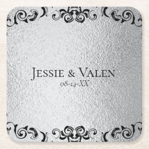 Silver and Black Gothic Wedding Square Paper Coaster