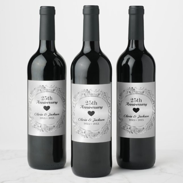 Silver And Black Heart Wine Label (Bottles)