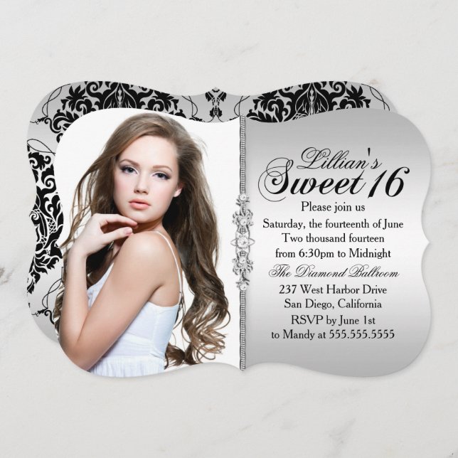 Silver and Black Jewel Damask Sweet 16 Birthday Invitation (Front/Back)