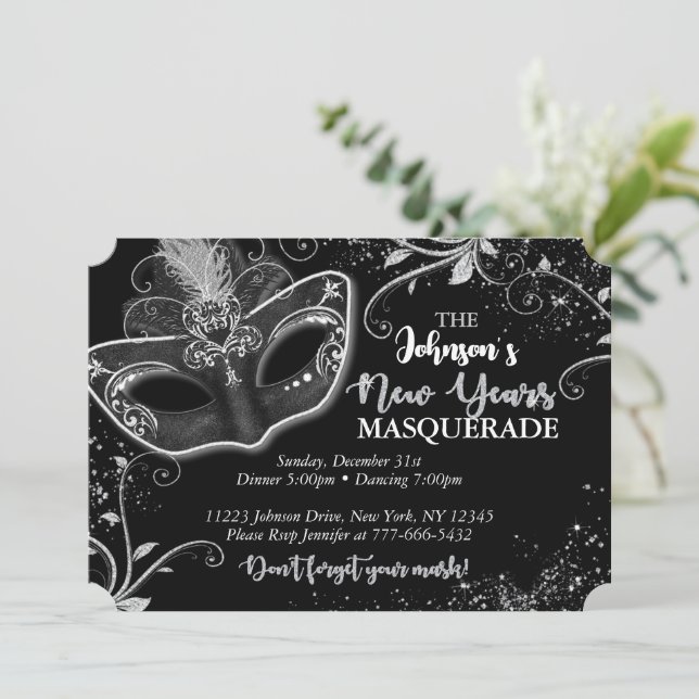 Silver and Black New Years Masquerade Party Invitation (Standing Front)