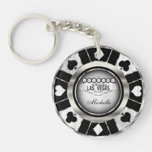 Silver and Black Poker Chip Design - Personalise Key Ring