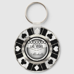 Silver and Black Poker Chip Design - Personalise Key Ring