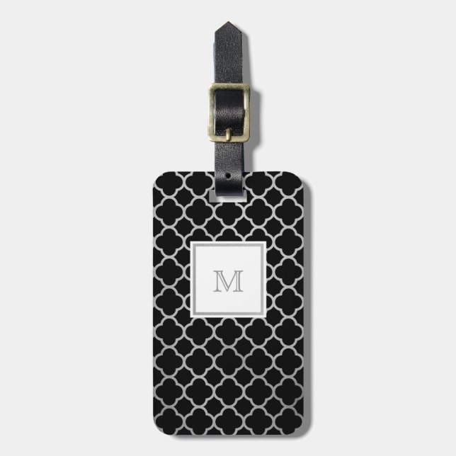 Silver and Black quatrefoil Luggage Tag (Front Vertical)