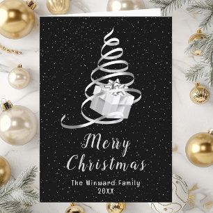Silver and Black Ribbon Gift Merry Christmas Holiday Card