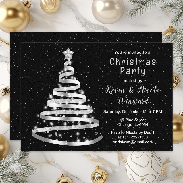 Silver and Black Ribbon Tree Christmas Party Invitation (Creator Uploaded)