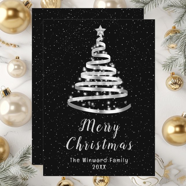 Silver and Black Ribbon Tree Merry Christmas Holiday Card (Creator Uploaded)