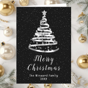 Silver and Black Ribbon Tree Merry Christmas Holiday Card