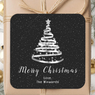 Silver and Black Ribbon Tree Merry Christmas Square Sticker