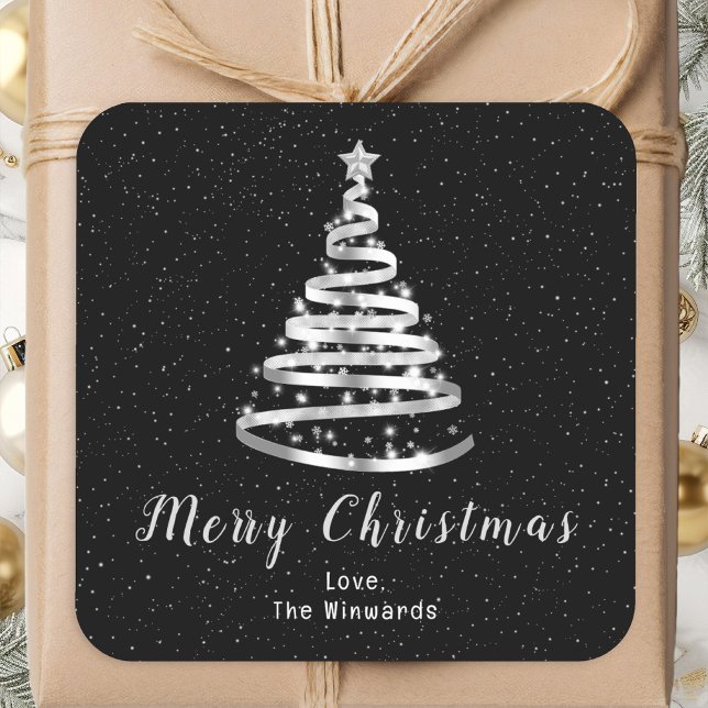 Silver and Black Ribbon Tree Merry Christmas Square Sticker (Creator Uploaded)