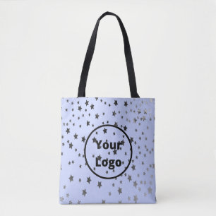 Silver and black stars on blue tote bag