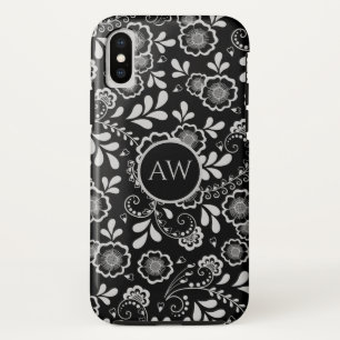Silver  and Black Victorian Floral Lace Monogram iPhone XS Case