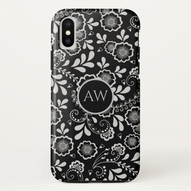 Silver  and Black Victorian Floral Lace Monogram Case-Mate iPhone Case (Back)