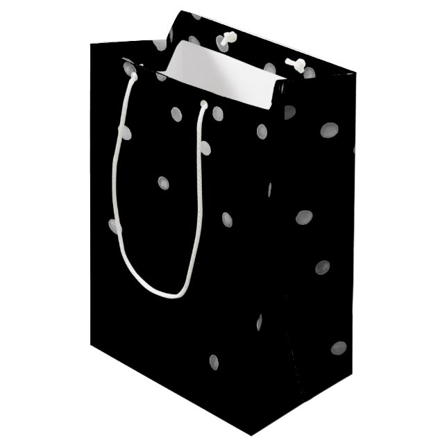 Silver and Black Watercolor Confetti Dots Medium Gift Bag (Front Angled)