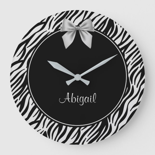 Silver and Black Zebra Print Personalised Large Clock (Front)