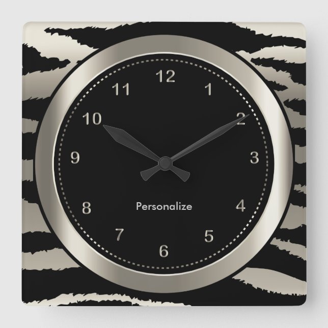Silver and Black Zebra Stripe Print Square Wall Clock (Front)