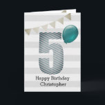 Silver and Blue 5th Birthday Card<br><div class="desc">A silver and blue happy 5th birthday card for boys, which you can personalise the front with his name. The front of this modern 5th birthday card for boys features the number five in a blue striped design with a blue balloon ready to float away. The background is a soft...</div>