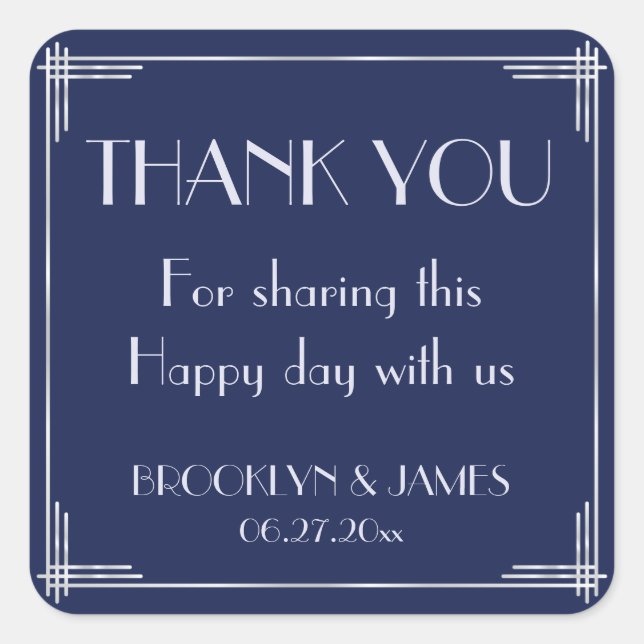 Silver And Blue Art Deco Wedding Stickers (Front)