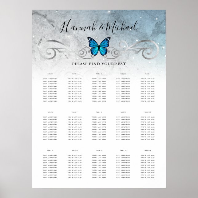 Silver and Blue Butterfly Wedding Seating Charts (Front)