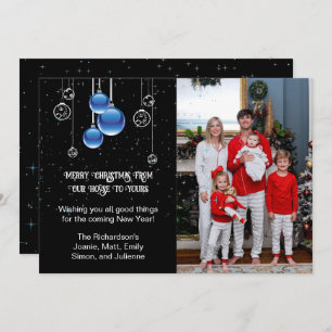 Silver and Blue Christmas Ornaments Sparkle Photo Holiday Card