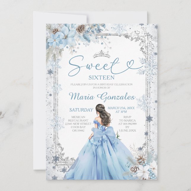 Silver and Blue Christmas Sweet Sixteen Birthday Invitation (Front)