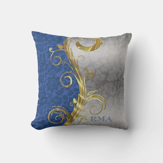 Silver And Blue Damask Cushion (Front)