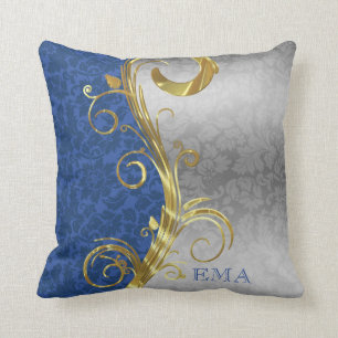 Silver And Blue Damask Cushion