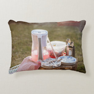 Silver-and-blue floral ceramic plates and pitcher decorative cushion