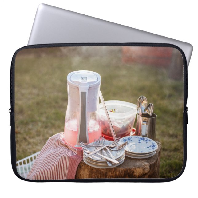 Silver-and-blue floral ceramic plates and pitcher laptop sleeve (Front)