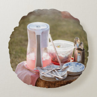 Silver-and-blue floral ceramic plates and pitcher round cushion