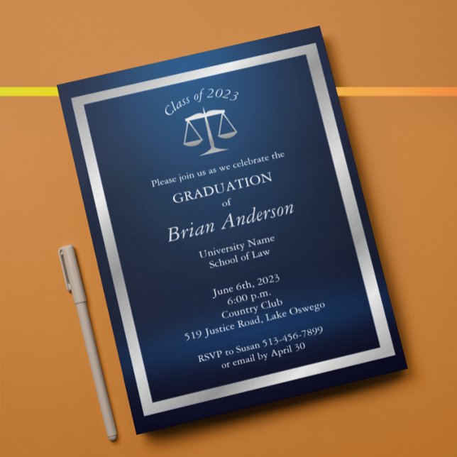 Silver and Blue Justice Logo Law School Graduation Invitation (Creator Uploaded)