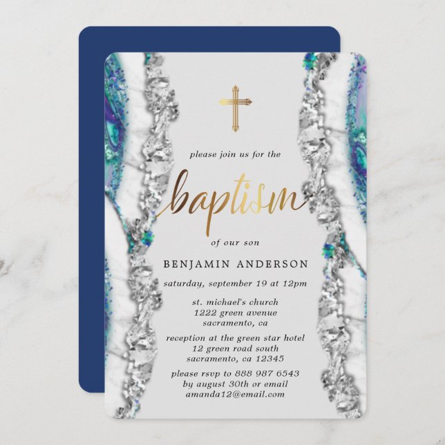 Silver and Blue Mineral Stone Baptism Invitation (Front/Back)