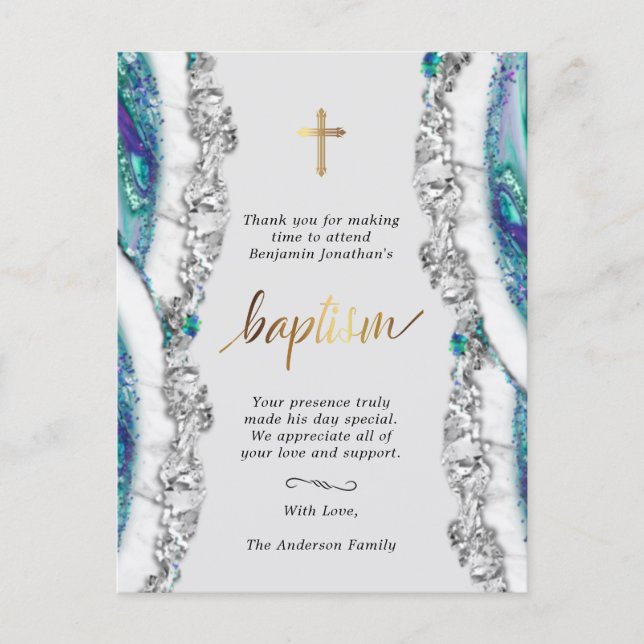 Silver and Blue Mineral Stone Baptism Thank You Postcard (Front)