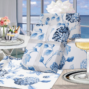 Silver and Blue Modern Vintage Floral Toile Wrapping Paper