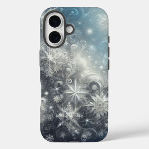 Silver and Blue Snowflake Winter iPhone 16 Case