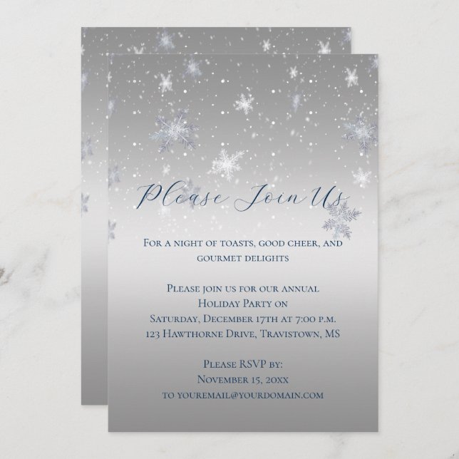 Silver and Blue Snowflakes Christmas Party | Invitation (Front/Back)