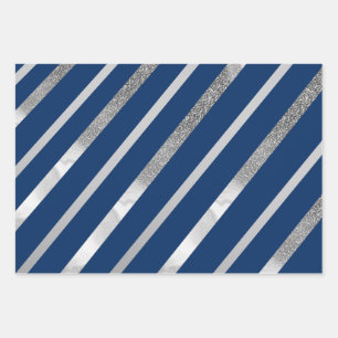 Silver and Blue Stripes Pattern  Wrapping Paper Sheet