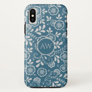 Silver and Blue Victorian Floral Lace Monogram iPhone XS Case