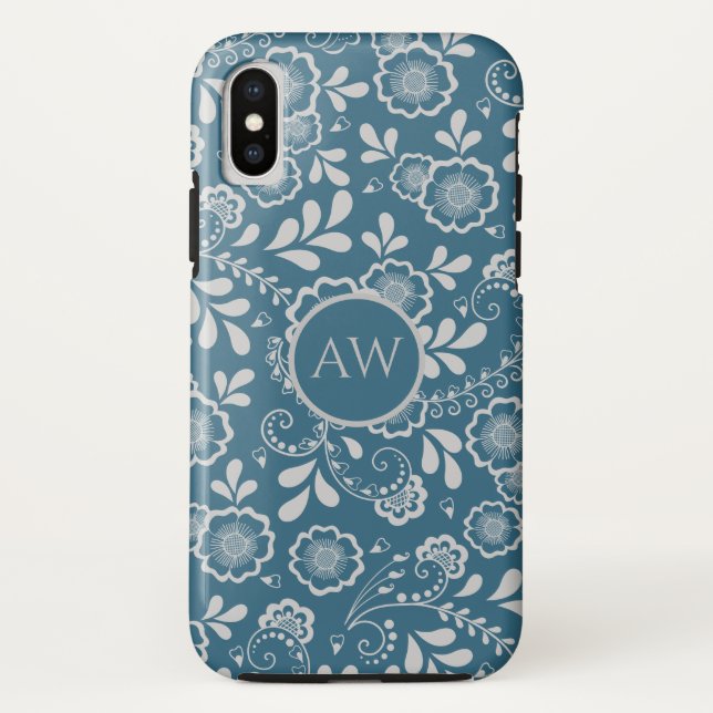 Silver and Blue Victorian Floral Lace Monogram Case-Mate iPhone Case (Back)