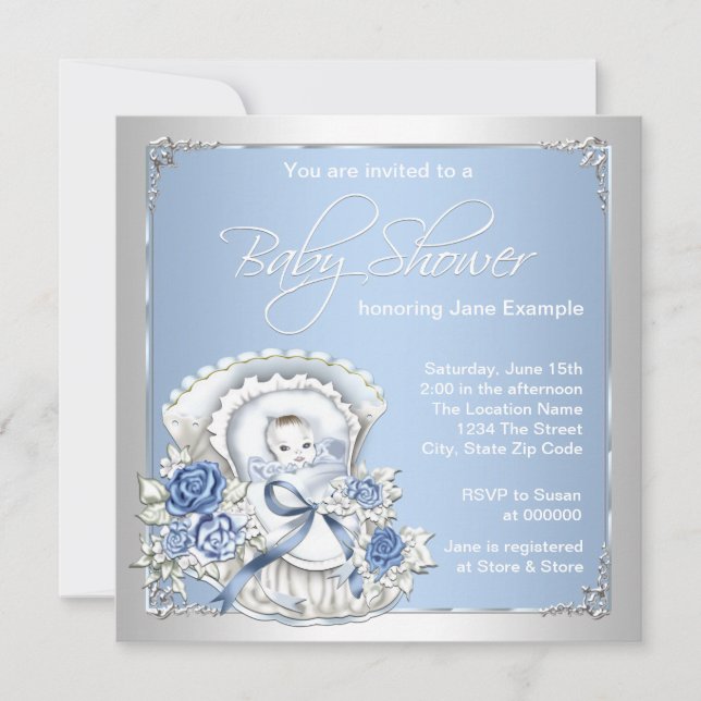 Silver and Blue Vintage Baby Boy Shower Invitation (Front)