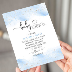 Silver and Blue Watercolor Baby Shower  Invitation