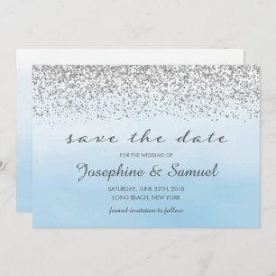 Silver and Blue Watercolor Save The Date Invitation