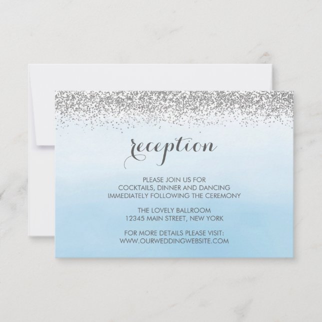 Silver and Blue Wedding Reception Enclosure Card (Front)