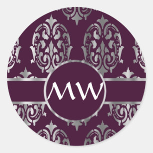 Silver and burgundy damask monogram classic round sticker