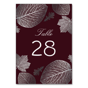 Silver and Burgundy Fall Leaves Wedding Table Number
