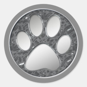SILVER AND CHROME PAW PRINT CLASSIC ROUND STICKER
