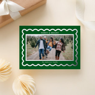 Silver and Dark Green Preppy Scallop Photo Frame Foil Holiday Card